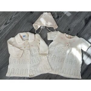 Vintage Neiman Marcus Made‎ In Spain Knit/crochet Baby Dress, Sweater & Bonnet